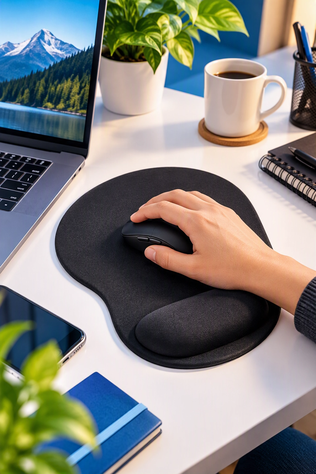 Alfombrilla de raton ergonomica negra con descanso para muñeca y base antideslizante