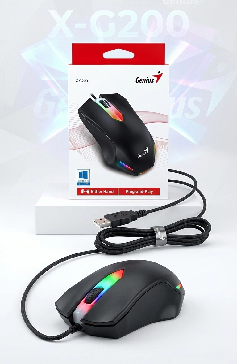 Mouse gamer genius x-g200 negro con luz LED roja y conexión USB