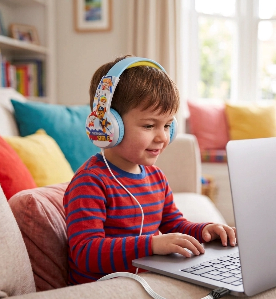 Audífonos Paw Patrol para niños celestes modelo HP203371N con conector 3.5mm